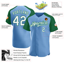 Charger l'image dans la galerie, Custom Light Blue White-Kelly Green Authentic Raglan Sleeves Baseball Jersey