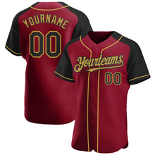 Load image into Gallery viewer, Custom Crimson Black-Old Gold Authentic Raglan Sleeves Baseball Jersey
