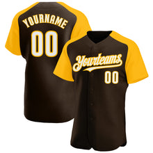 Загрузить изображение в средство просмотра галереи, Custom Brown White-Gold Authentic Raglan Sleeves Baseball Jersey
