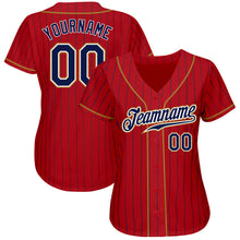 Load image into Gallery viewer, Custom Red Navy Pinstripe Navy-Old Gold Authentic Baseball Jersey