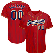 Load image into Gallery viewer, Custom Red Navy Pinstripe Navy-Old Gold Authentic Baseball Jersey