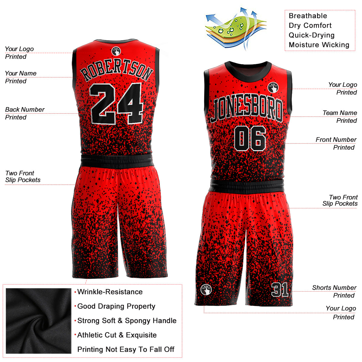 Custom Basketball Jerseys Red, Black, White and Blue Home and Away