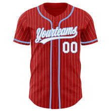 Load image into Gallery viewer, Custom Red White Pinstripe Light Blue Authentic Baseball Jersey