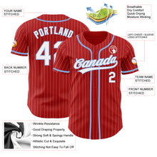 Load image into Gallery viewer, Custom Red White Pinstripe Light Blue Authentic Baseball Jersey