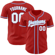 Load image into Gallery viewer, Custom Red White Pinstripe Light Blue Authentic Baseball Jersey