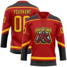 Load image into Gallery viewer, Custom Red Gold-Black Hockey Lace Neck Jersey
