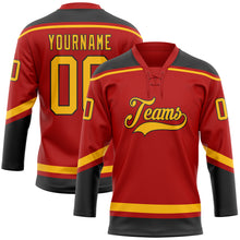 Load image into Gallery viewer, Custom Red Gold-Black Hockey Lace Neck Jersey
