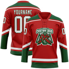 Load image into Gallery viewer, Custom Red White-Green Hockey Lace Neck Jersey
