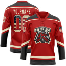 Load image into Gallery viewer, Custom Red Vintage USA Flag Black-Cream Hockey Lace Neck Jersey
