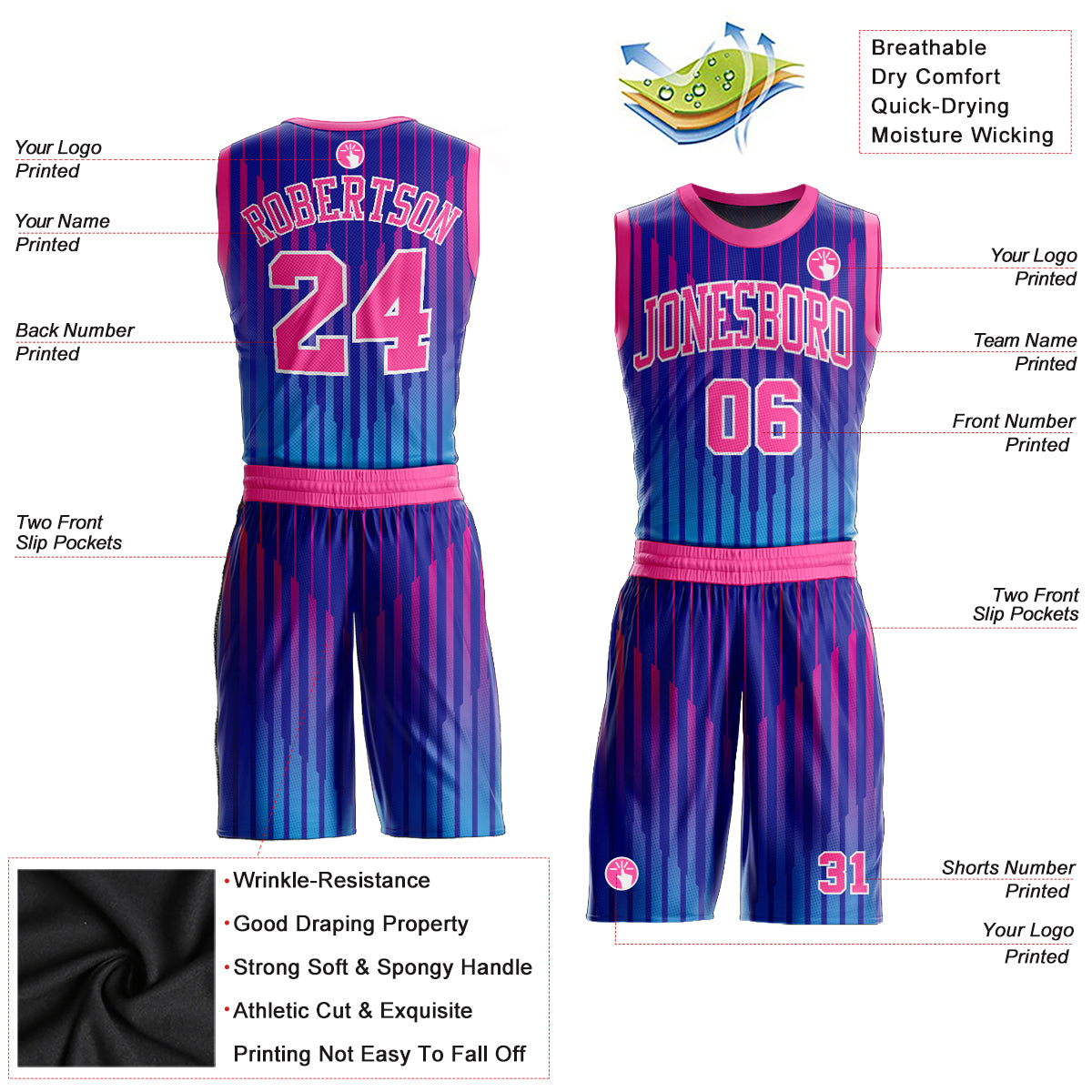 Custom Royal Pink-White Round Neck Sublimation Basketball Suit Jersey