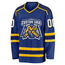 Load image into Gallery viewer, Custom Royal White Navy-Gold Hockey Jersey
