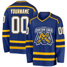 Load image into Gallery viewer, Custom Royal White Navy-Gold Hockey Jersey
