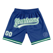 Загрузить изображение в средство просмотра галереи, Custom Royal White-Kelly Green Authentic Throwback Basketball Shorts