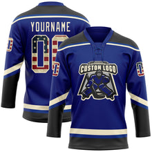 Загрузить изображение в средство просмотра галереи, Custom Royal Vintage USA Flag Black-Cream Hockey Lace Neck Jersey