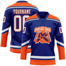 Load image into Gallery viewer, Custom Royal White-Orange Hockey Lace Neck Jersey
