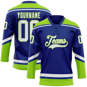 Custom Royal White-Neon Green Hockey Lace Neck Jersey