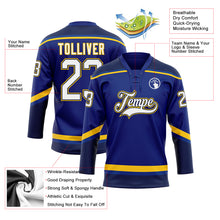 Load image into Gallery viewer, Custom Royal White Navy-Yellow Hockey Lace Neck Jersey
