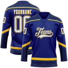 Load image into Gallery viewer, Custom Royal White Navy-Yellow Hockey Lace Neck Jersey
