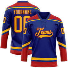 Load image into Gallery viewer, Custom Royal Gold-Red Hockey Lace Neck Jersey