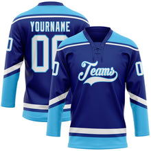 Load image into Gallery viewer, Custom Royal White-Sky Blue Hockey Lace Neck Jersey
