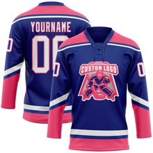 Load image into Gallery viewer, Custom Royal White-Neon Pink Hockey Lace Neck Jersey