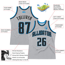 Load image into Gallery viewer, Custom Gray Black Pinstripe Black-Blue Authentic Basketball Jersey