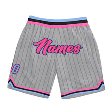 Laden Sie das Bild in den Galerie-Viewer, Custom Gray Black Pinstripe Pink-Light Blue Authentic Basketball Shorts