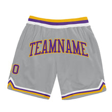 Load image into Gallery viewer, Custom Gray Purple-Gold Authentic Throwback Basketball Shorts