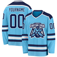 Load image into Gallery viewer, Custom Sky Blue Navy-White Hockey Jersey