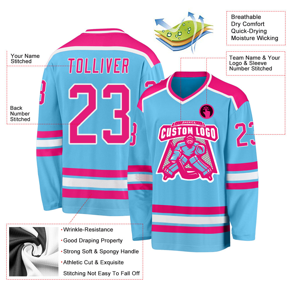 Custom Black Hot Pink-White Hockey Jersey