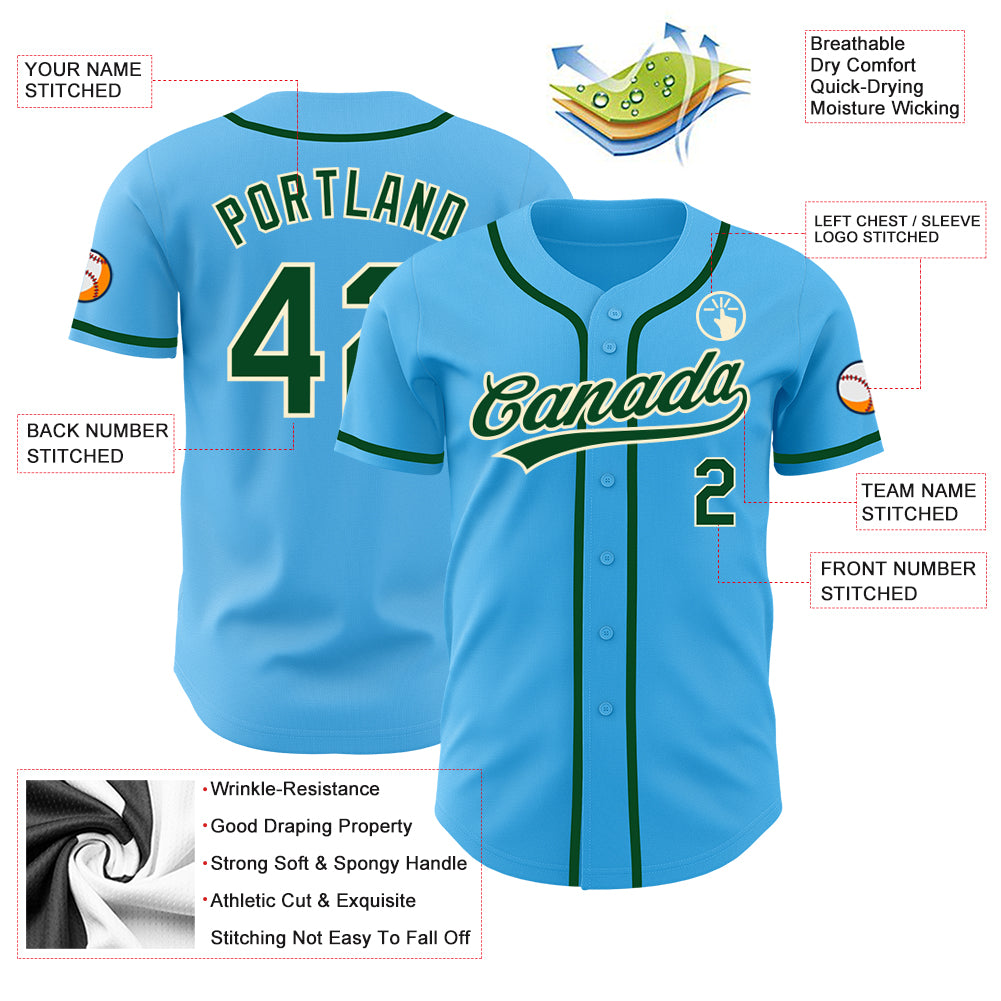 Cheap Custom Sky Blue Green-Cream Authentic Baseball Jersey Free