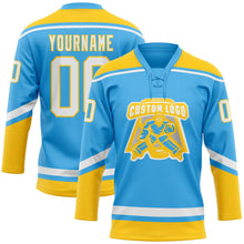 Load image into Gallery viewer, Custom Sky Blue White-Yellow Hockey Lace Neck Jersey
