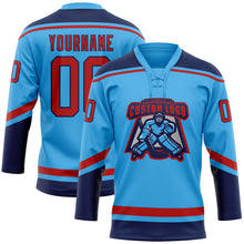 Load image into Gallery viewer, Custom Sky Blue Red-Navy Hockey Lace Neck Jersey