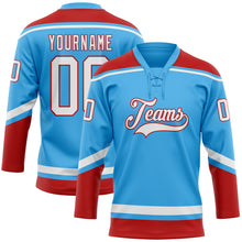 Load image into Gallery viewer, Custom Sky Blue White-Red Hockey Lace Neck Jersey