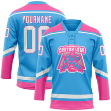 Load image into Gallery viewer, Custom Sky Blue White-Pink Hockey Lace Neck Jersey