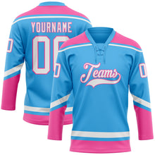 Load image into Gallery viewer, Custom Sky Blue White-Pink Hockey Lace Neck Jersey