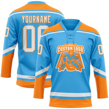 Load image into Gallery viewer, Custom Sky Blue White-Bay Orange Hockey Lace Neck Jersey