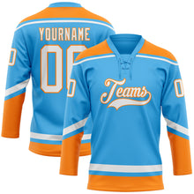 Load image into Gallery viewer, Custom Sky Blue White-Bay Orange Hockey Lace Neck Jersey