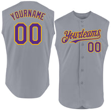 Laden Sie das Bild in den Galerie-Viewer, Custom Gray Purple-Gold Authentic Sleeveless Baseball Jersey