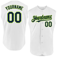Laden Sie das Bild in den Galerie-Viewer, Custom White Navy-Neon Green Authentic Sleeveless Baseball Jersey