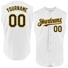 Laden Sie das Bild in den Galerie-Viewer, Custom White Black-Gold Authentic Sleeveless Baseball Jersey