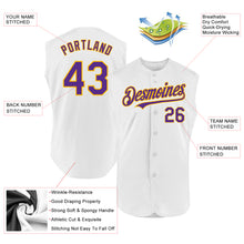 Laden Sie das Bild in den Galerie-Viewer, Custom White Purple-Gold Authentic Sleeveless Baseball Jersey