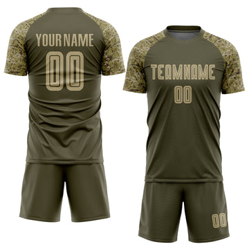 Custom Olive Vegas Gold-Camo Sublimation Salute To Service Soccer Uniform Jersey