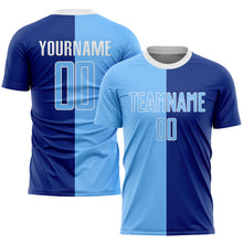 Laden Sie das Bild in den Galerie-Viewer, Custom Royal Light Blue-White Sublimation Split Fashion Soccer Uniform Jersey