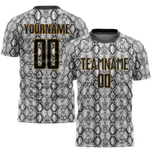 Laden Sie das Bild in den Galerie-Viewer, Custom Black Black-Old Gold Sublimation Snakeskin Soccer Uniform Jersey