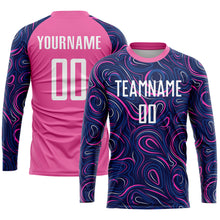 Laden Sie das Bild in den Galerie-Viewer, Custom Navy White-Pink Sublimation Soccer Uniform Jersey