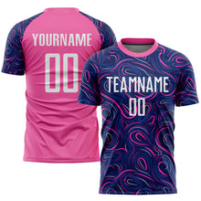 Laden Sie das Bild in den Galerie-Viewer, Custom Navy White-Pink Sublimation Soccer Uniform Jersey