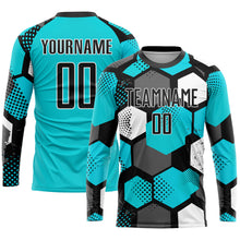 Laden Sie das Bild in den Galerie-Viewer, Custom Aqua Black-White Sublimation Soccer Uniform Jersey