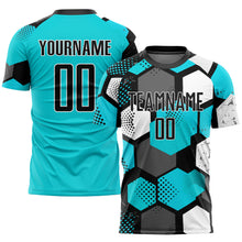 Laden Sie das Bild in den Galerie-Viewer, Custom Aqua Black-White Sublimation Soccer Uniform Jersey