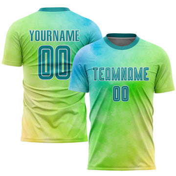 Custom Tie Dye Teal-White Sublimation Soccer Uniform Jersey